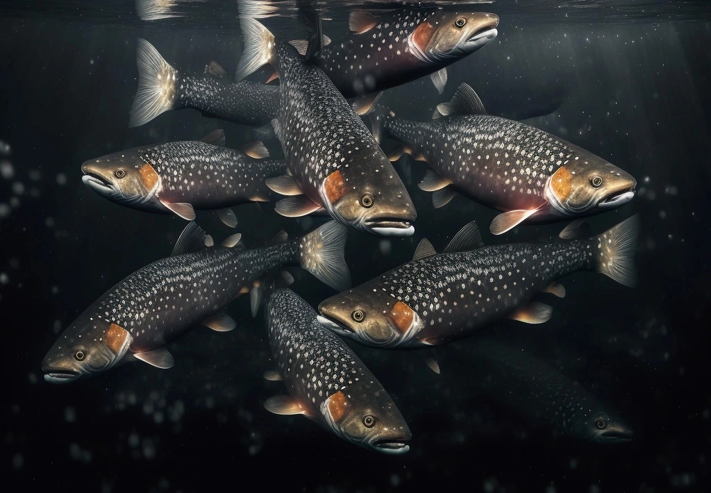 A shoal of Arctic Char under water